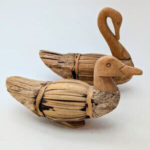 Vintage Pair of Primitive Folk Art Wood & Reed Cork Corn Husk Hand Carved Ducks